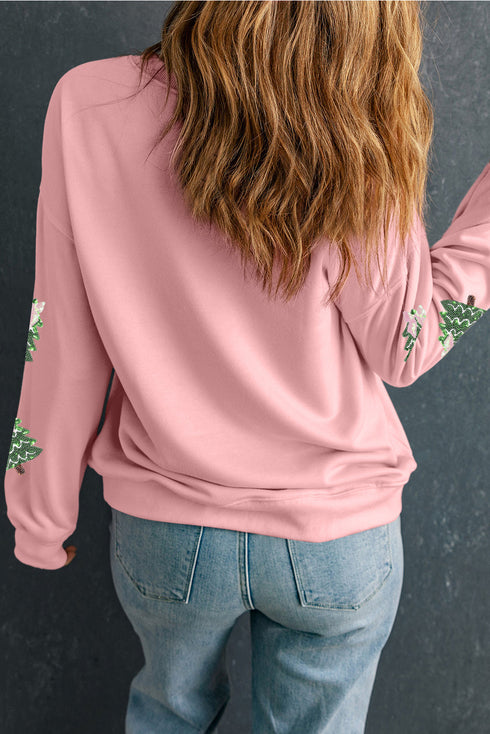 Sequin Tree Bow Graphic Oversized Pullover Sweatshirt