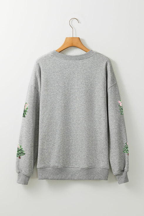 Sequin Tree Bow Graphic Oversized Pullover Sweatshirt