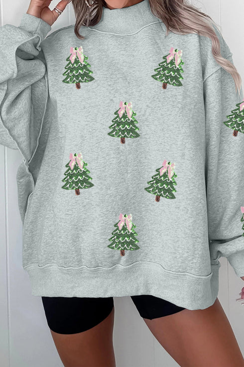Sequin Tree Graphic Mock Neck Baggy Pullover Sweatshirt