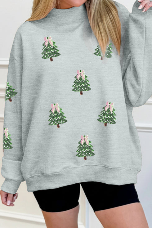 Sequin Tree Graphic Mock Neck Baggy Pullover Sweatshirt
