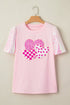 Sequin Trim Patchwork Sleeve Heart Print Graphic Tee