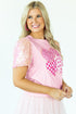 Sequin Trim Patchwork Sleeve Heart Print Graphic Tee