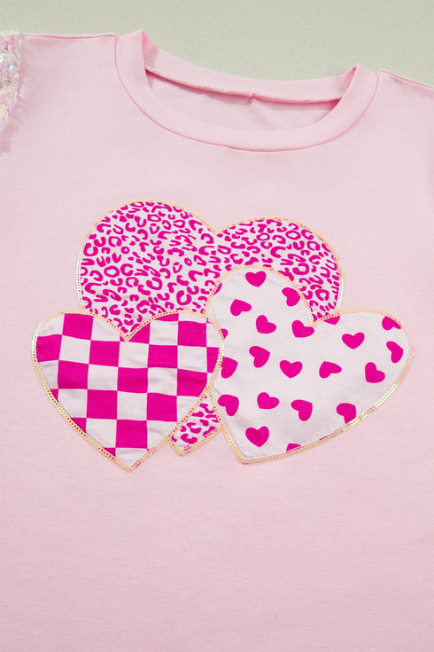 Sequin Trim Patchwork Sleeve Heart Print Graphic Tee