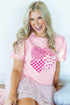 Sequin Trim Patchwork Sleeve Heart Print Graphic Tee