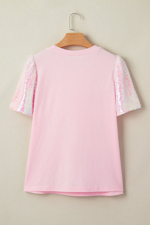 Sequin Trim Patchwork Sleeve Heart Print Graphic Tee