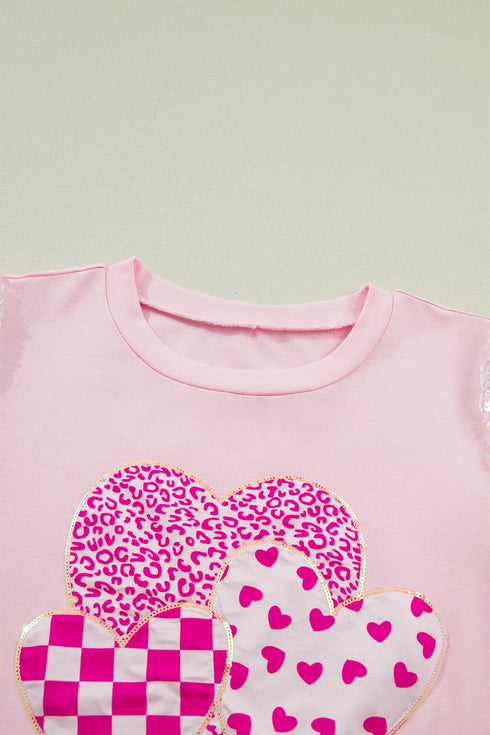 Sequin Trim Patchwork Sleeve Heart Print Graphic Tee
