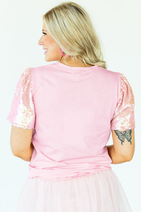 Sequin Trim Patchwork Sleeve Heart Print Graphic Tee