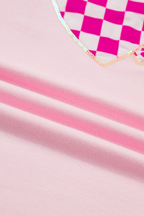 Sequin Trim Patchwork Sleeve Heart Print Graphic Tee