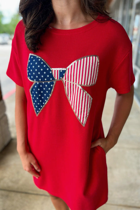 Sequin Trim Star Print Bow Detail T Shirt Dress