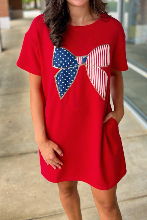 Sequin Trim Star Print Bow Detail T Shirt Dress