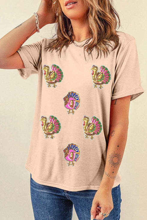 Sequin Turkey Applique Graphic Crew Neck Short Sleeve Tee