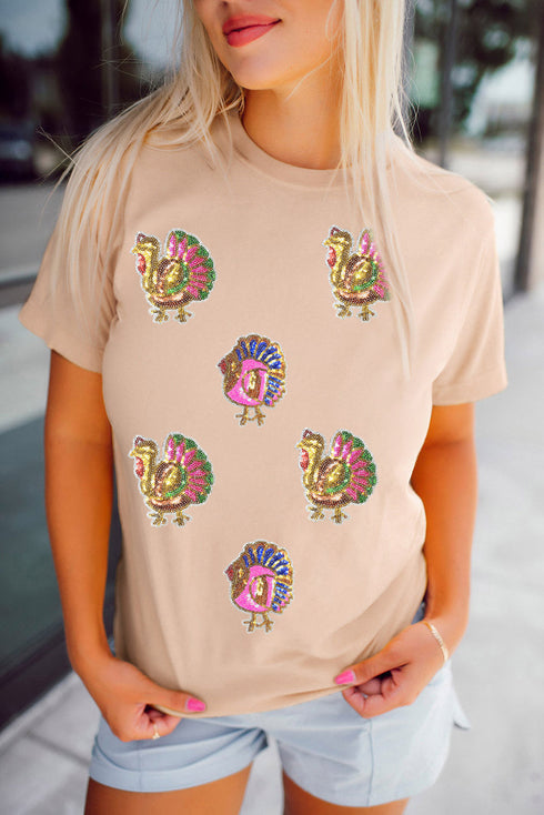 Sequin Turkey Applique Graphic Crew Neck Short Sleeve Tee