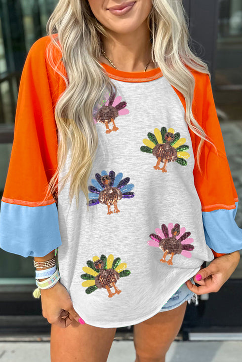 Sequin Turkey Graphic Color Block Raglan Long Sleeve Curved Hem Tee
