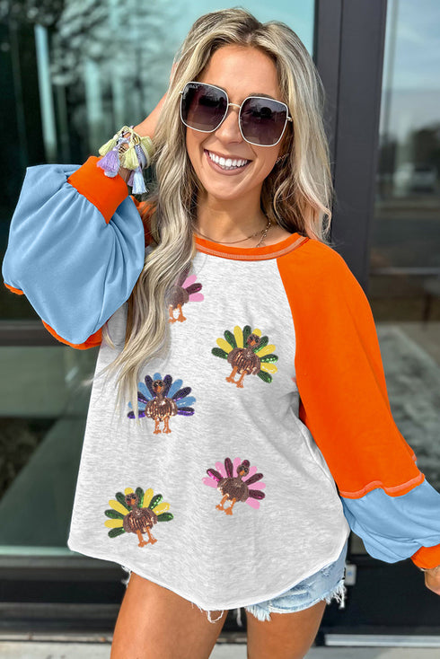 Sequin Turkey Graphic Color Block Raglan Long Sleeve Curved Hem Tee