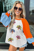 Sequin Turkey Graphic Color Block Raglan Long Sleeve Curved Hem Tee