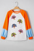 Sequin Turkey Graphic Color Block Raglan Long Sleeve Curved Hem Tee