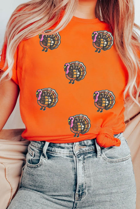 Sequin Turkey Graphic Crew Neck Short Sleeve Tee