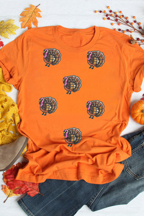Sequin Turkey Graphic Crew Neck Short Sleeve Tee