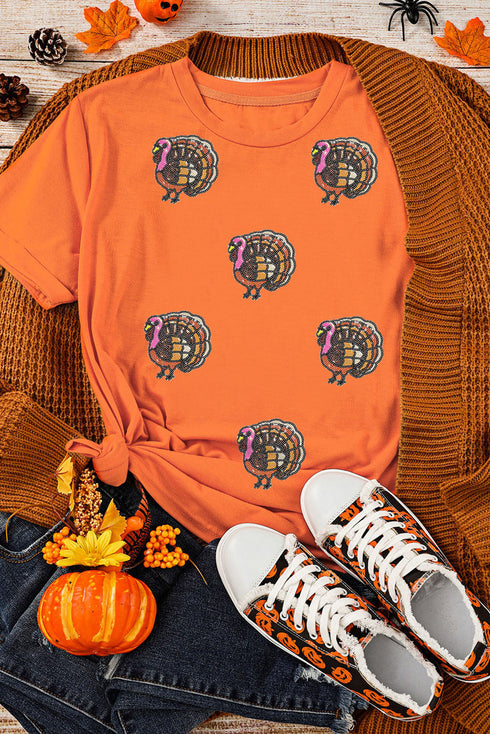 Sequin Turkey Graphic Crew Neck Short Sleeve Tee