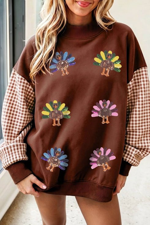 Sequin Turkey Graphic Plaid Pattern Sleeve Pullover Sweatshirt