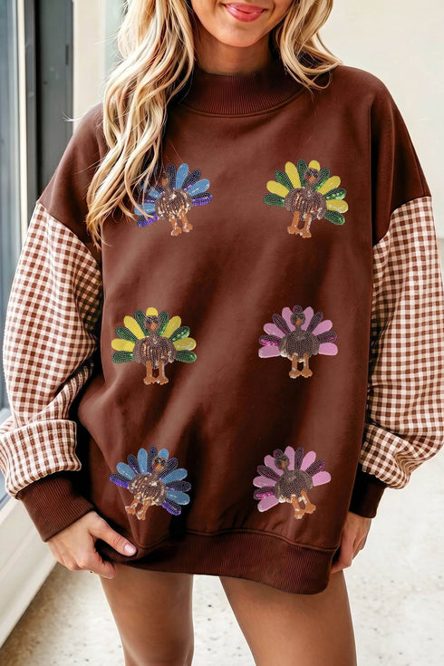 Sequin Turkey Graphic Plaid Pattern Sleeve Pullover Sweatshirt