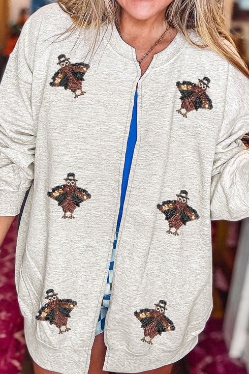Sequin Turkey Graphic Pocketed Open Front Sweatshirt