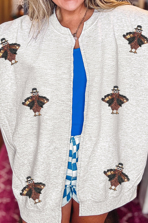 Sequin Turkey Graphic Pocketed Open Front Sweatshirt
