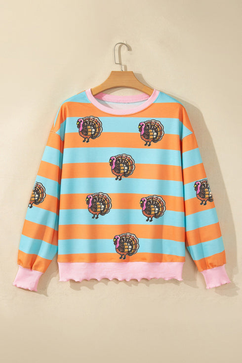 Sequin Turkey Graphic Ribbed Lettuce Trim Long Sleeve Tee