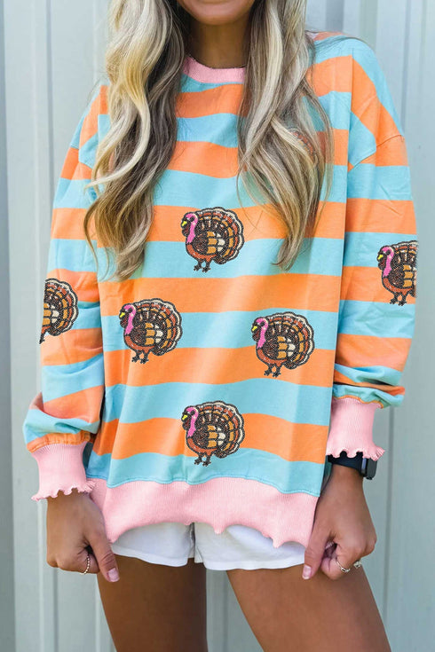 Sequin Turkey Graphic Ribbed Lettuce Trim Long Sleeve Tee