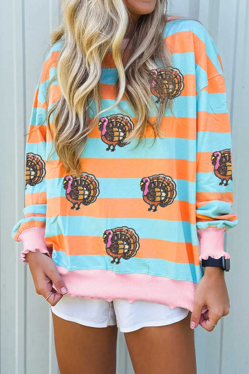 Sequin Turkey Graphic Ribbed Lettuce Trim Long Sleeve Tee
