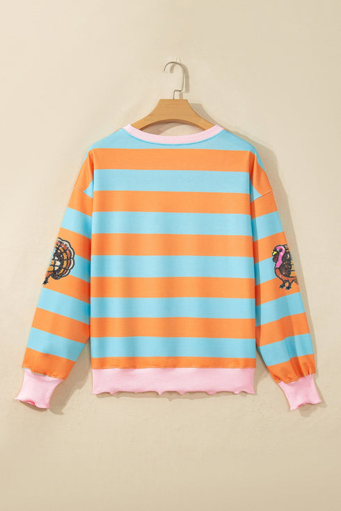 Sequin Turkey Graphic Ribbed Lettuce Trim Long Sleeve Tee