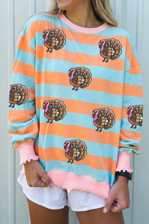 Sequin Turkey Graphic Ribbed Lettuce Trim Long Sleeve Tee
