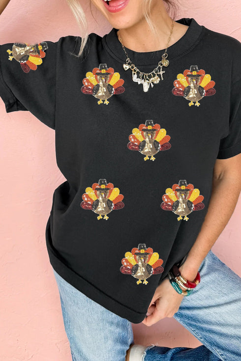 Sequin Turkey Graphic Round Neck T Shirt