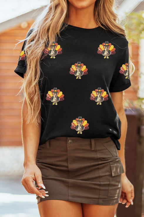 Sequin Turkey Graphic Round Neck T Shirt
