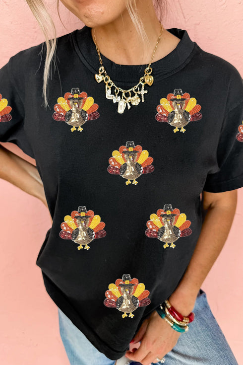 Sequin Turkey Graphic Round Neck T Shirt