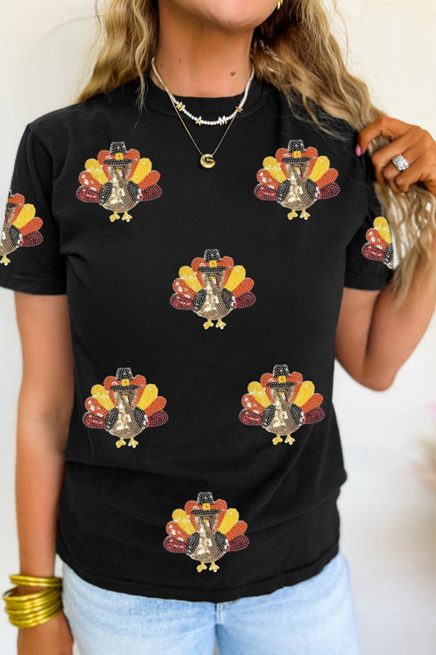 Sequin Turkey Graphic Round Neck T Shirt