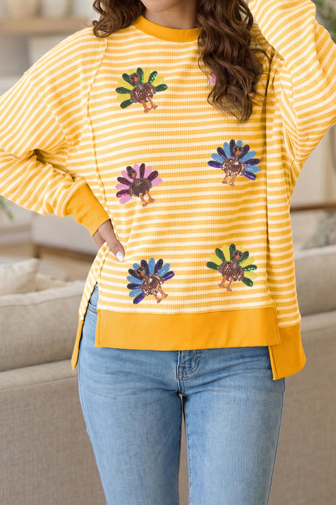 Sequin Turkey Graphic Stripe Split Hem Long Sleeve Tee