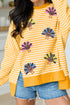 Sequin Turkey Graphic Stripe Split Hem Long Sleeve Tee