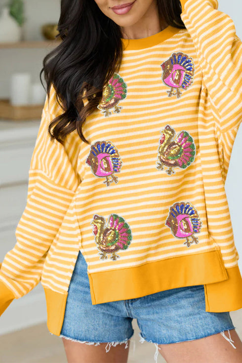 Sequin Turkey Graphic Stripe Split Hem Relaxed Long Sleeve Tee
