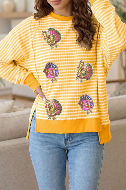 Sequin Turkey Graphic Stripe Split Hem Relaxed Long Sleeve Tee