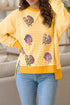 Sequin Turkey Graphic Stripe Split Hem Relaxed Long Sleeve Tee