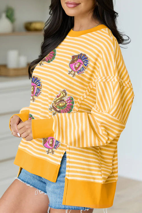 Sequin Turkey Graphic Stripe Split Hem Relaxed Long Sleeve Tee