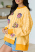 Sequin Turkey Graphic Stripe Split Hem Relaxed Long Sleeve Tee