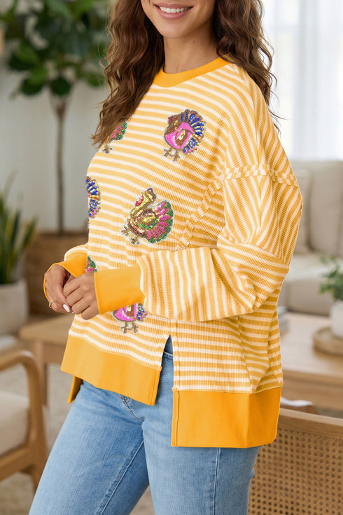 Sequin Turkey Graphic Stripe Split Hem Relaxed Long Sleeve Tee