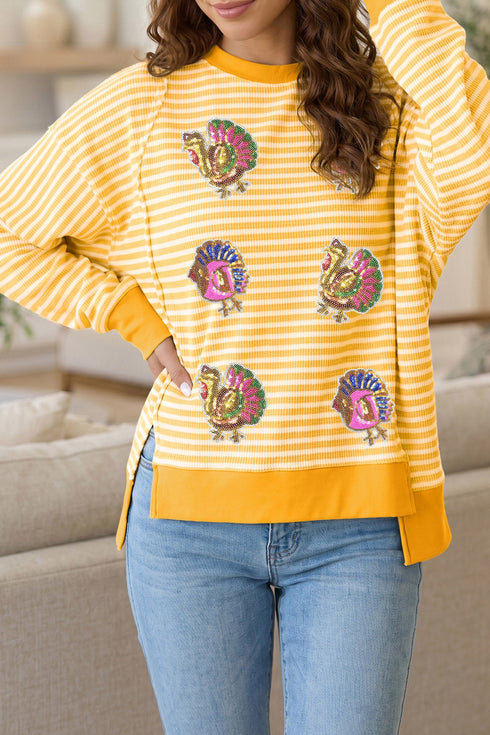 Sequin Turkey Graphic Stripe Split Hem Relaxed Long Sleeve Tee