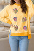 Sequin Turkey Graphic Stripe Split Hem Relaxed Long Sleeve Tee