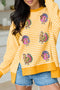 Sequin Turkey Graphic Stripe Split Hem Relaxed Long Sleeve Tee