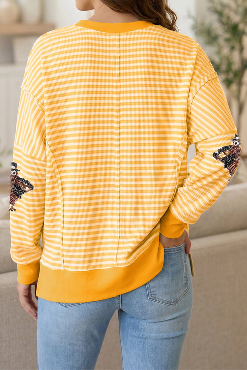Sequin Turkey Graphic Stripe Uneven Hem Pullover Tee
