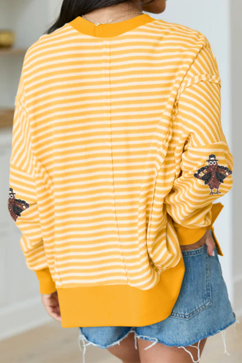 Sequin Turkey Graphic Stripe Uneven Hem Pullover Tee