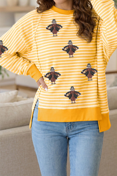 Sequin Turkey Graphic Stripe Uneven Hem Pullover Tee